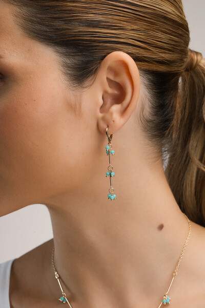 Foto Brinco Dourada Palitos Cachos Cristal Azul
