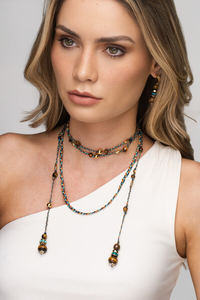 FotoColar Gravata Boho Dream Olho de Tigre Banho Ouro 18K