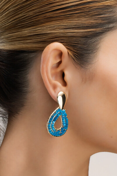 Foto Brinco Dourado Gota Vidrilho Azul