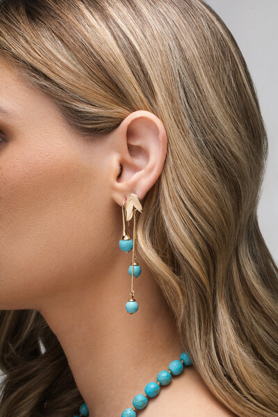FotoBrinco Folhas Howlita Turquesa Banho Ouro 18K