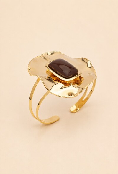 Foto Pulseira Bracelete Placa Martelada Resina Marrom