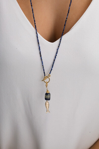 Foto Colar Longo Peixe Lápis Lazuli Banho Ouro 18K