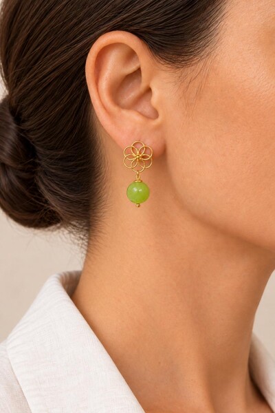 Foto Brinco Ipanema Flor Jade Limão Banho Ouro 18K