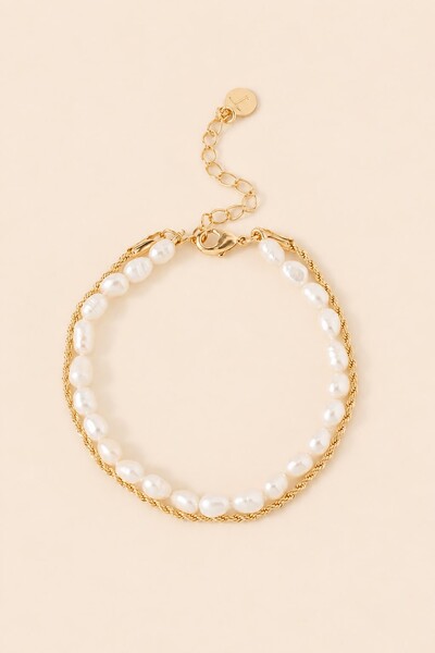 Foto Pulseira Dupla Pérola Natural Banho Ouro 18K