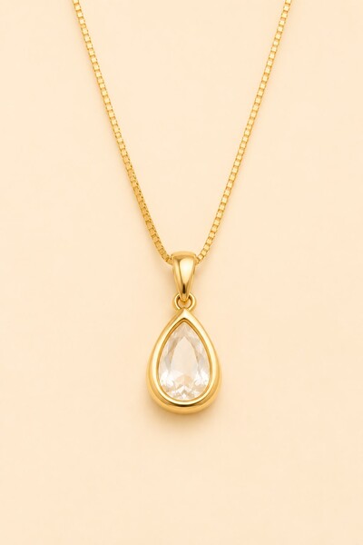 Foto Colar Longo Dourado Gota Zircônia
