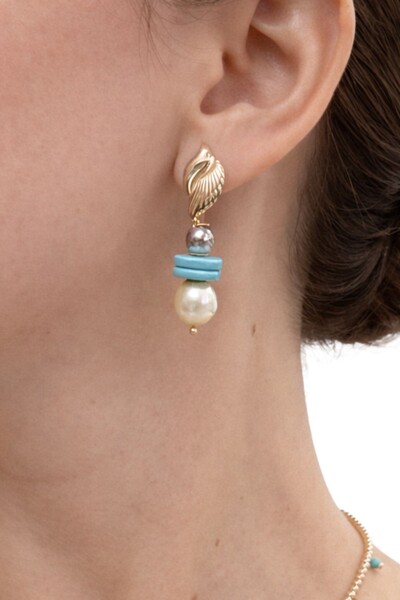 Foto Brinco Pérola Shell Howlita Banho Ouro 18K