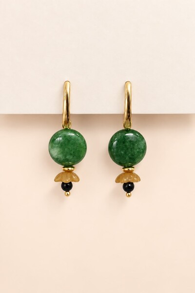 Foto Brinco Floral Jade Verde Banho Ouro 18K