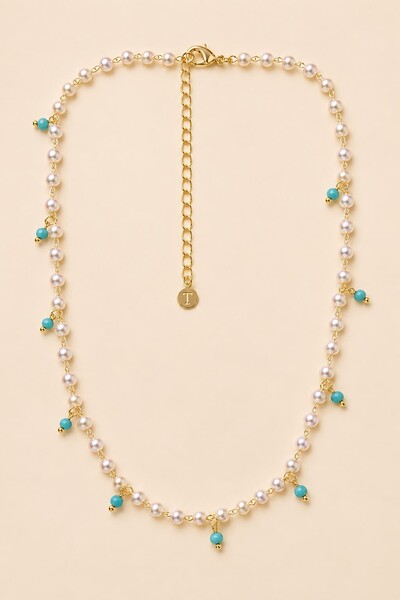 Foto Colar Dourado Choker Pérolas e Turquesa