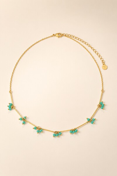Foto Colar Choker Dourado Palitos Cachos Cristal Azul