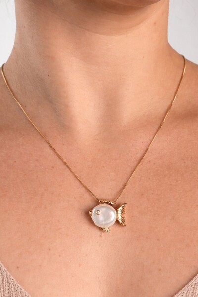 Foto Colar Regulável Peixe Pérola Natural Banho Ouro 18K