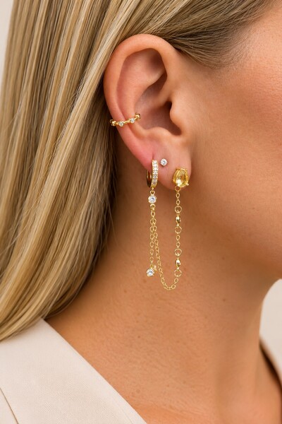 Foto Brinco Dourado Argola Furo Duplo Gota Zircônia