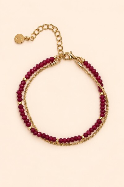 Foto Pulseira Dupla Fiore Jade Fúcsia Banho Ouro 18K