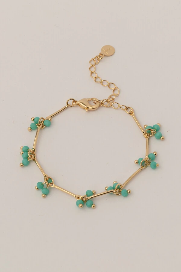 Pulseira Dourada Palitos Cachos Cristal Azul