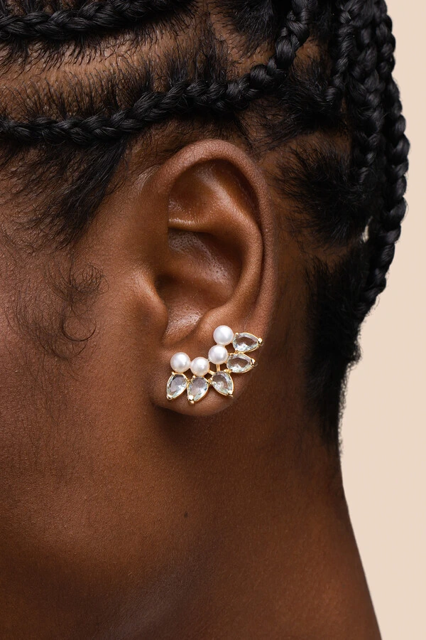 Brinco Siena Earcuff Pérola Gota Aqua Banho Ouro 18K