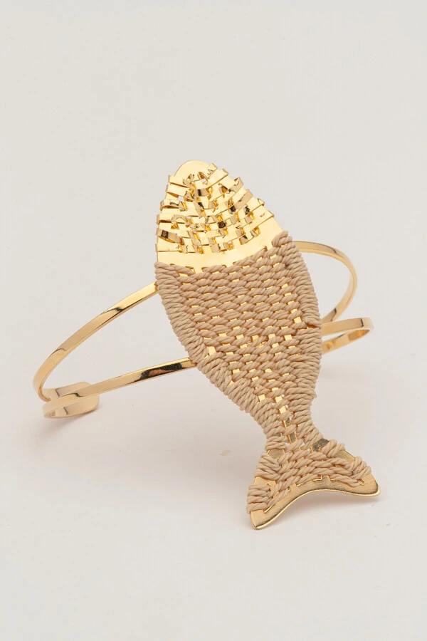 Pulseira Dourada Bracelete Peixe Palha
