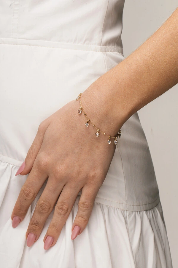 Pulseira Bolinhas e Corações Zircônia Banho Ouro 18K