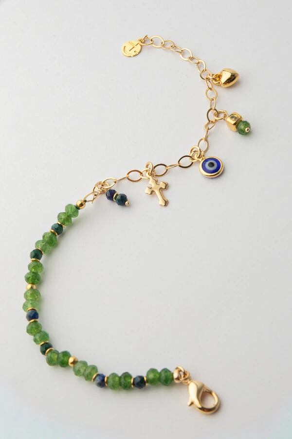 Pulseira Jade Green Pingentes Banho Ouro 18K