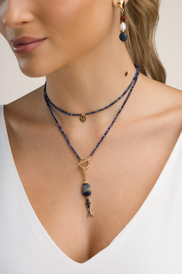 Colar Longo Peixe Lápis Lazuli Banho Ouro 18K