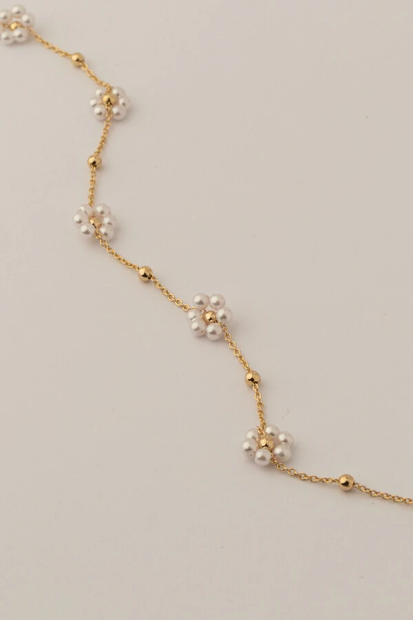 Colar Choker Dourado Flores Pérolas