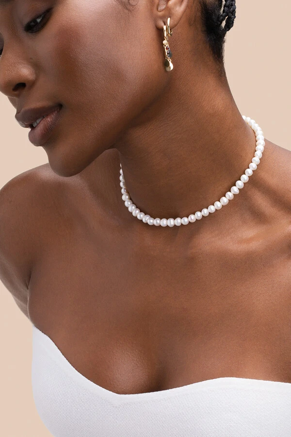 Colar Choker Siena Pérola Natural Banho Ouro 18k