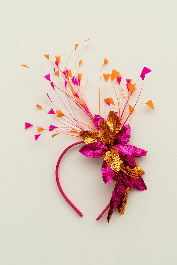 Tiara Carnaval Folhas Paetê Pink e Orange