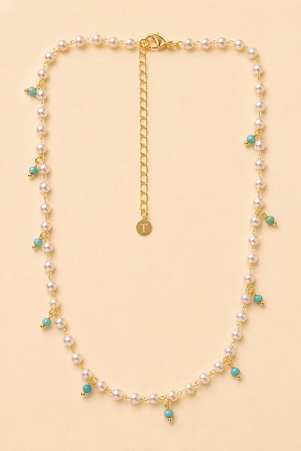 Colar Dourado Choker Pérolas e Turquesa