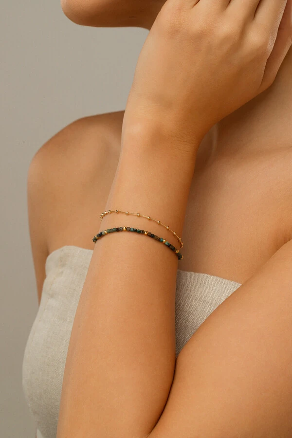 Pulseira Dupla Turquesa Africana Banho Ouro 18k