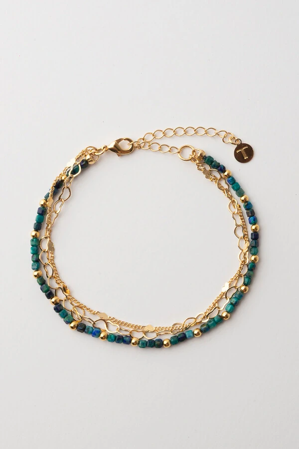 Pulseira 3V Crisocola Cubo Banho Ouro 18k