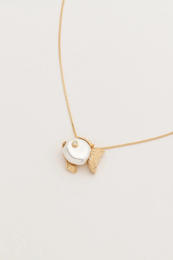Colar Regulável Peixe Pérola Natural Banho Ouro 18K