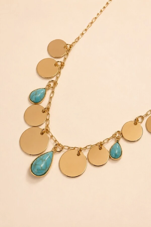 Colar Dourado Plaquinhas Lisa Gotas Resina