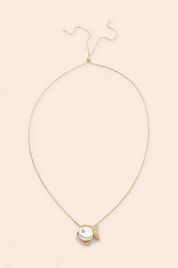 Colar Regulável Peixe Pérola Natural Banho Ouro 18K