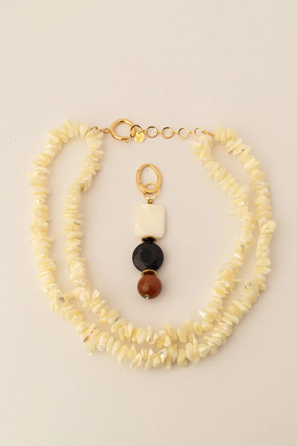 Colar Cascalho Madre Jade Goldstone Banho Ouro 18K