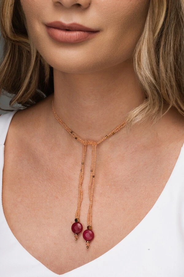 Colar Gravata Cristal Peach Jade Banho Ouro 18k