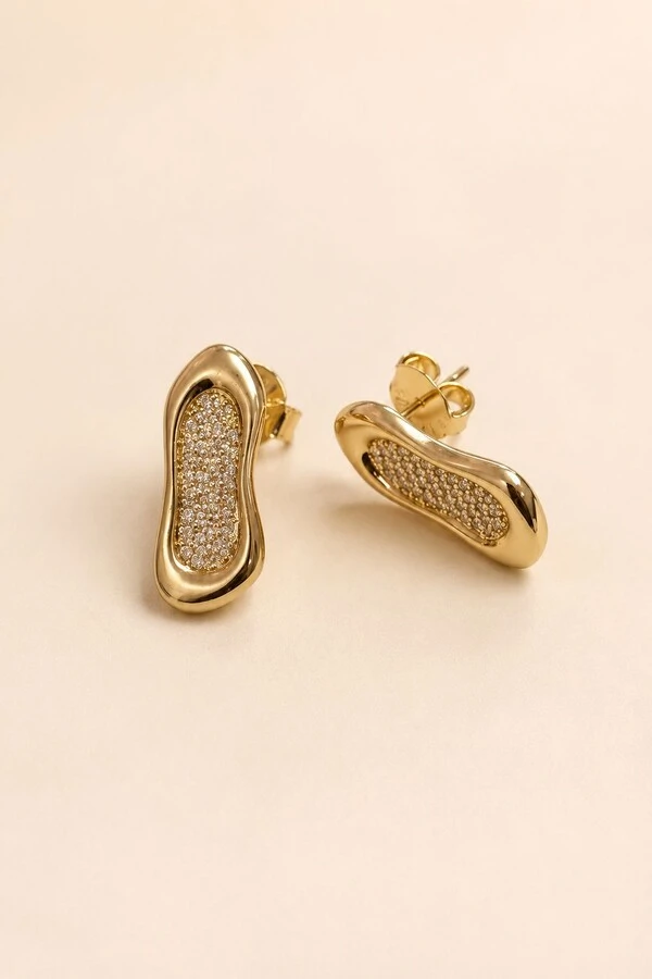 Brinco Orgânico Placa Zircônia Banho Ouro 18K