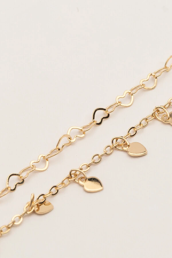 Pulseira Dupla Plaquinha Corações Banho Ouro 18K