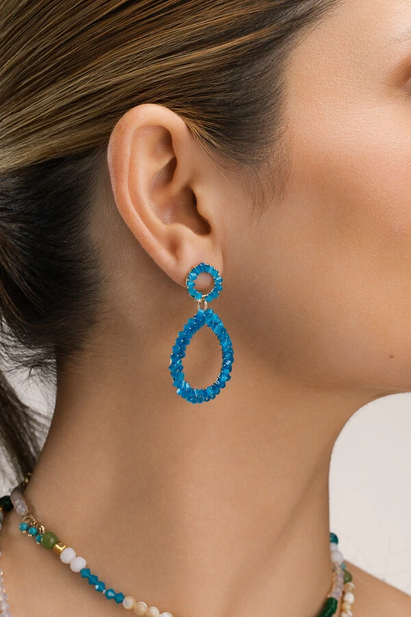 Brinco Dourado Oval Vidrilho Azul