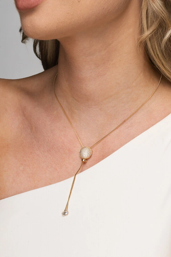Colar Gravata Pavê Zircônia Banho Ouro 18K
