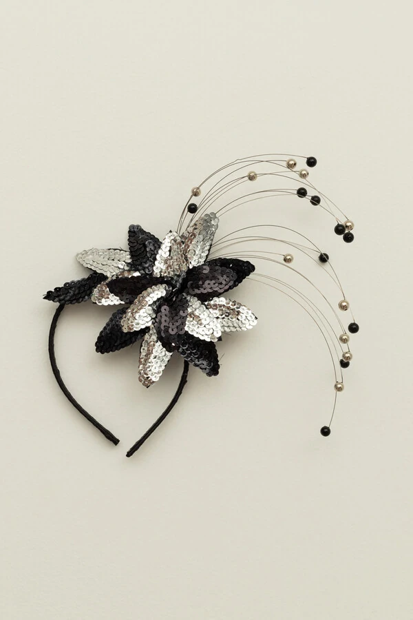 Tiara Carnaval Folhas Paetê Preto e Prata