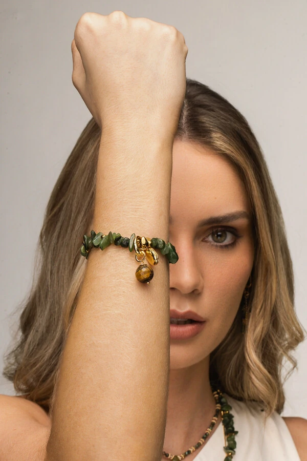 Pulseira Cascalho Evora Jade Verde Banho Ouro 18K