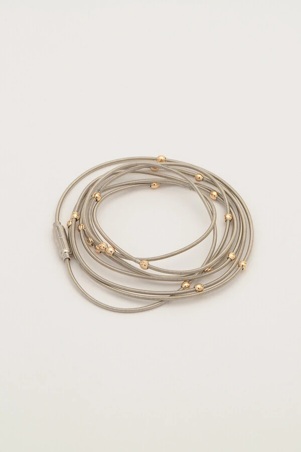 Pulseira Prateada Corda de Violão Bolinhas Douradas