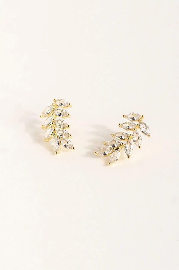 Brinco Dourado Folhas Zircônia Cristal