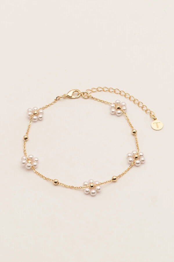 Pulseira Dourada Flores Pérolas