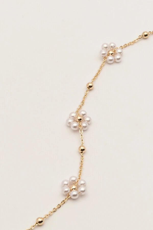 Pulseira Dourada Flores Pérolas