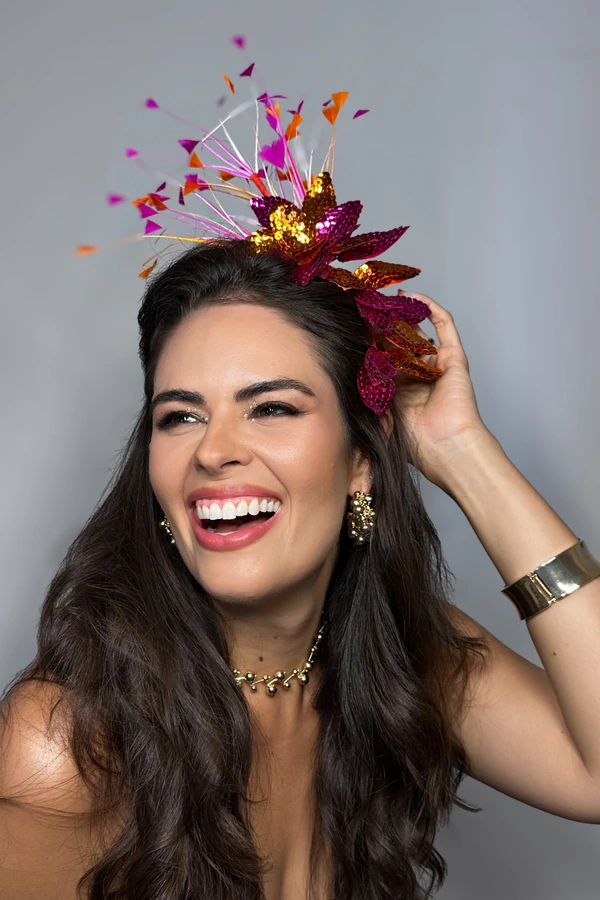 Tiara Carnaval Folhas Paetê Pink e Orange