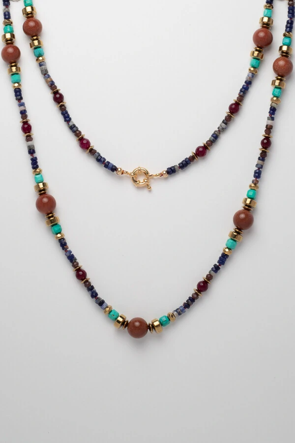 Colar Sodalita Longo Vicenza Goldstone Howlita Banho Ouro 18K