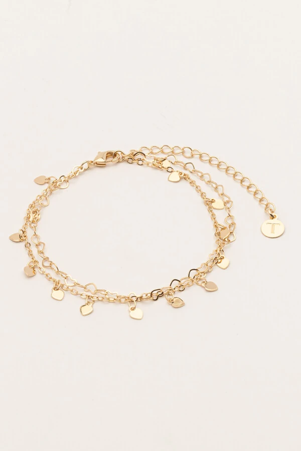 Pulseira Dupla Plaquinha Corações Banho Ouro 18K