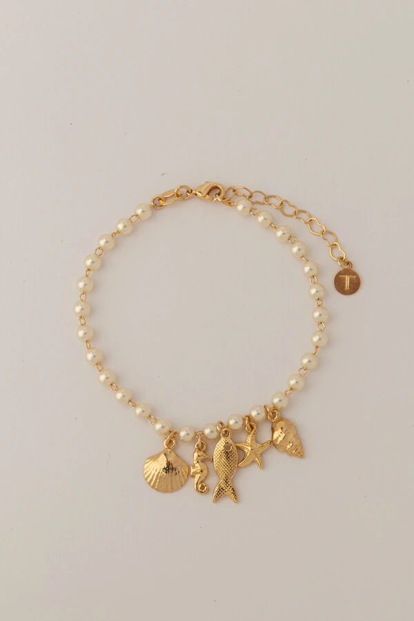 Pulseira Dourada Pérola Pingentes Mar