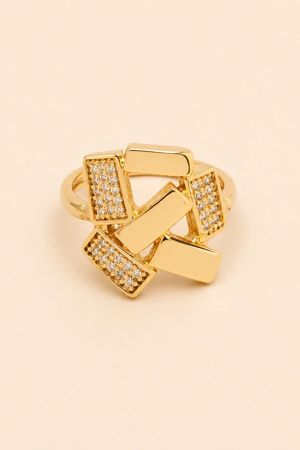 Anel Dourado Retângulos Zircônia Cristal