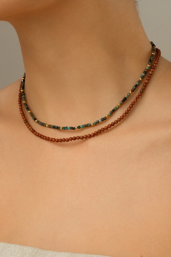 Colar Choker Duplo Atacama Turquesa Gold Stone Banho Ouro 18k