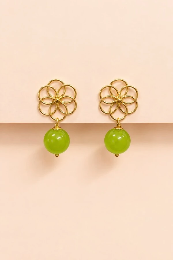 Brinco Ipanema Flor Jade Limão Banho Ouro 18K